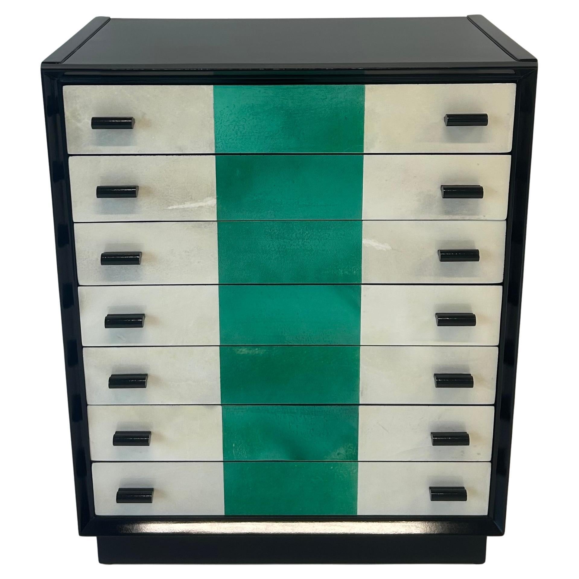 Commode Art déco italienne des années 1950 en laque noire et parchemin en vente