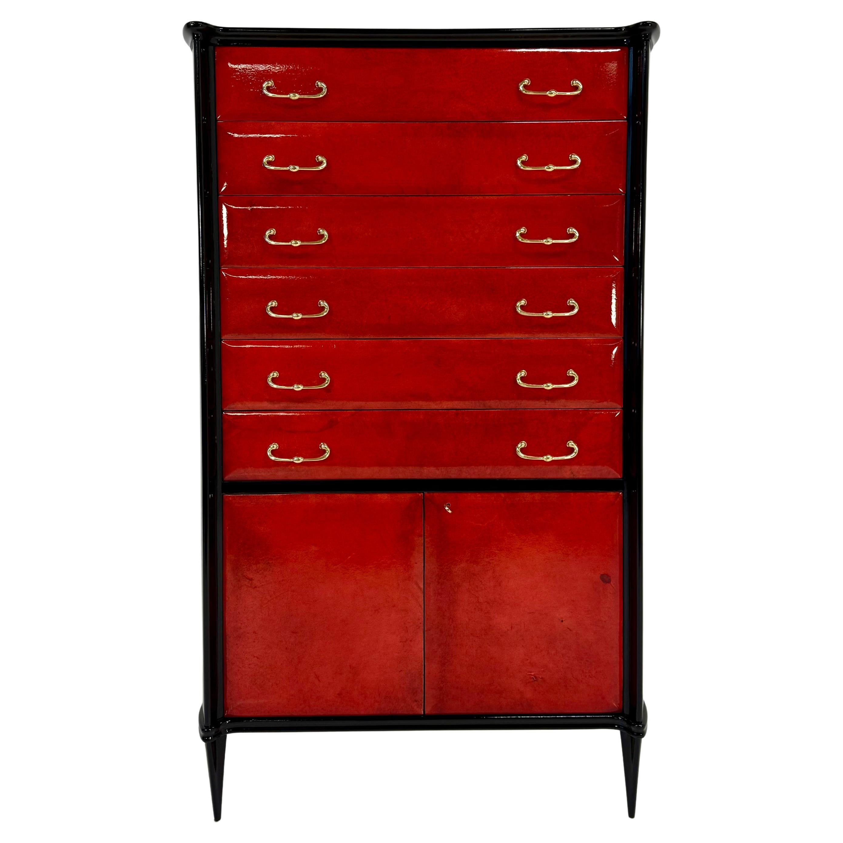 Italian Art Deco 1950s Red Parchment and Black Lacquer Chest of Drawers