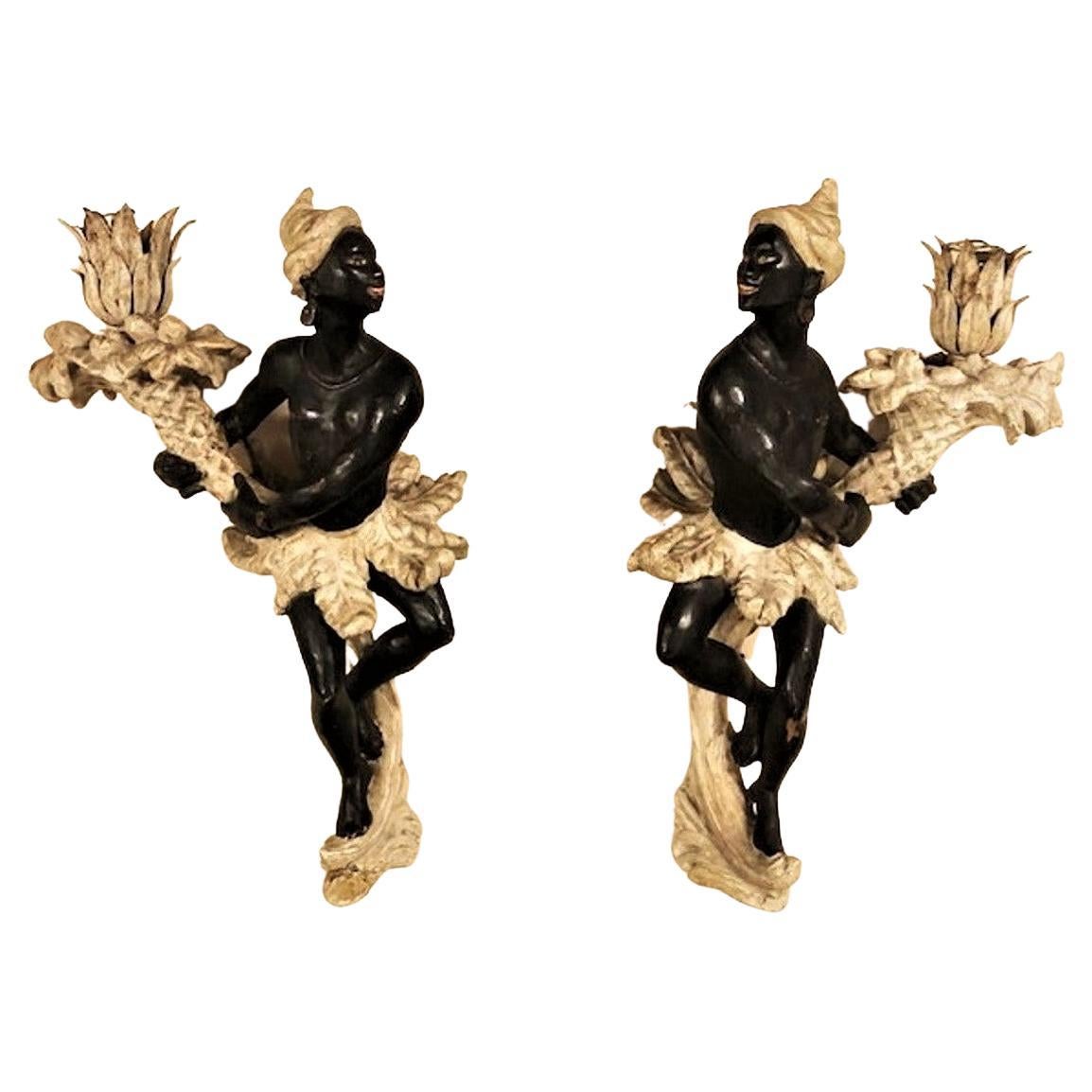 Italian Art Deco, a Pair of Carved & Painted Wood Wall Sconces, Ca. 1920s For Sale