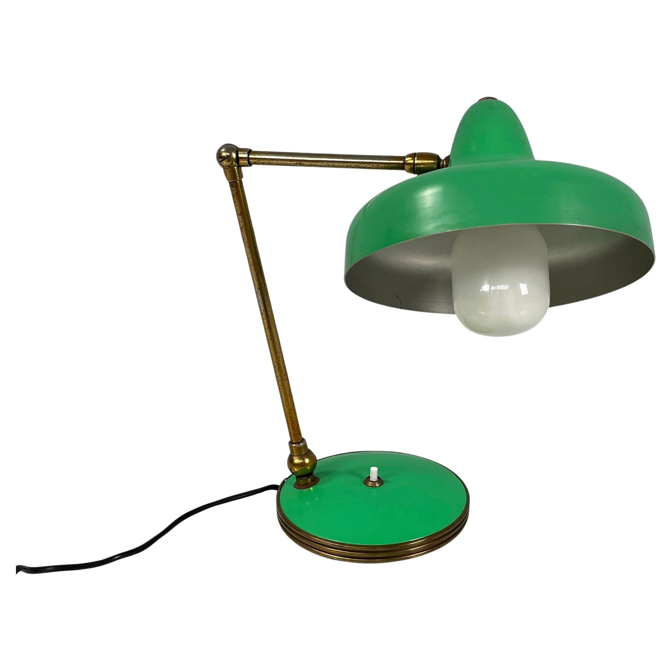 Italian Art Deco Adjustable table lamp in brass and green metal, 1950s