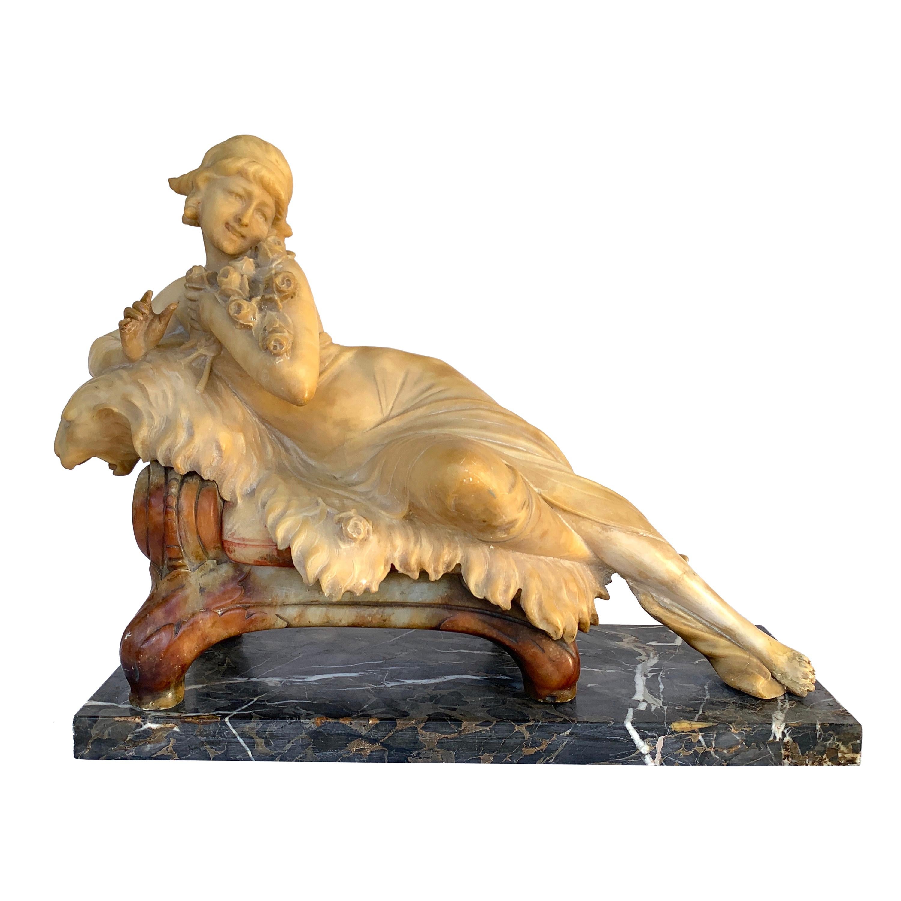 Italian Alabaster and Marble Reclining Muse on a Lion Bench Sculpture