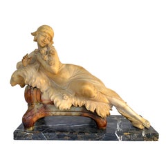 Italian Alabaster and Marble Reclining Muse on a Lion Bench Sculpture