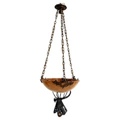 Italian Art Deco Alabaster Chandelier with Wrough Iron Dagonfly and Chain