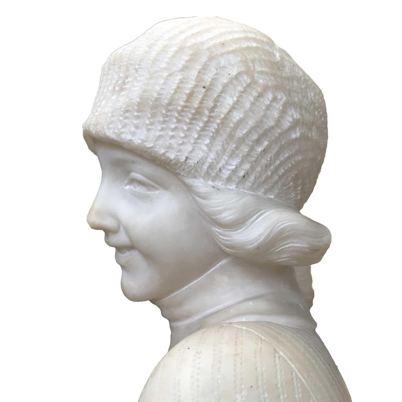 Hand-Carved Art Deco Girl Figure Alabaster Sculpture Italian Bust by Guerrieri 1920 circa