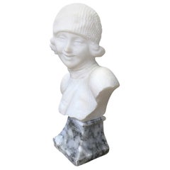Art Deco Girl Figure Alabaster Sculpture Italian Bust by Guerrieri 1920 circa