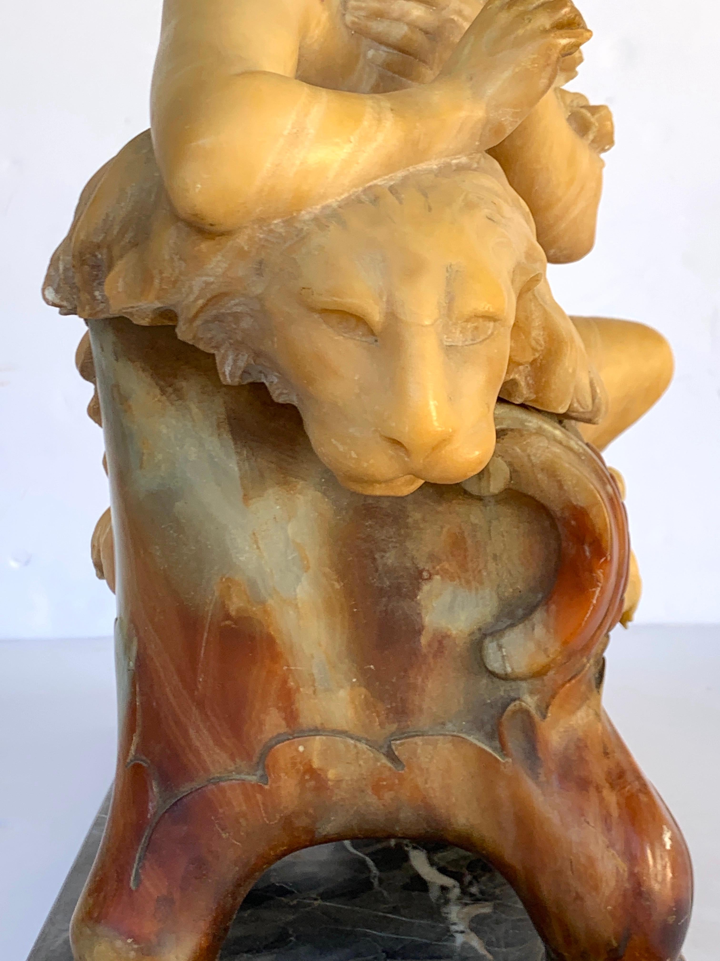 Italian Alabaster and Marble Reclining Muse on a Lion Bench Sculpture 4