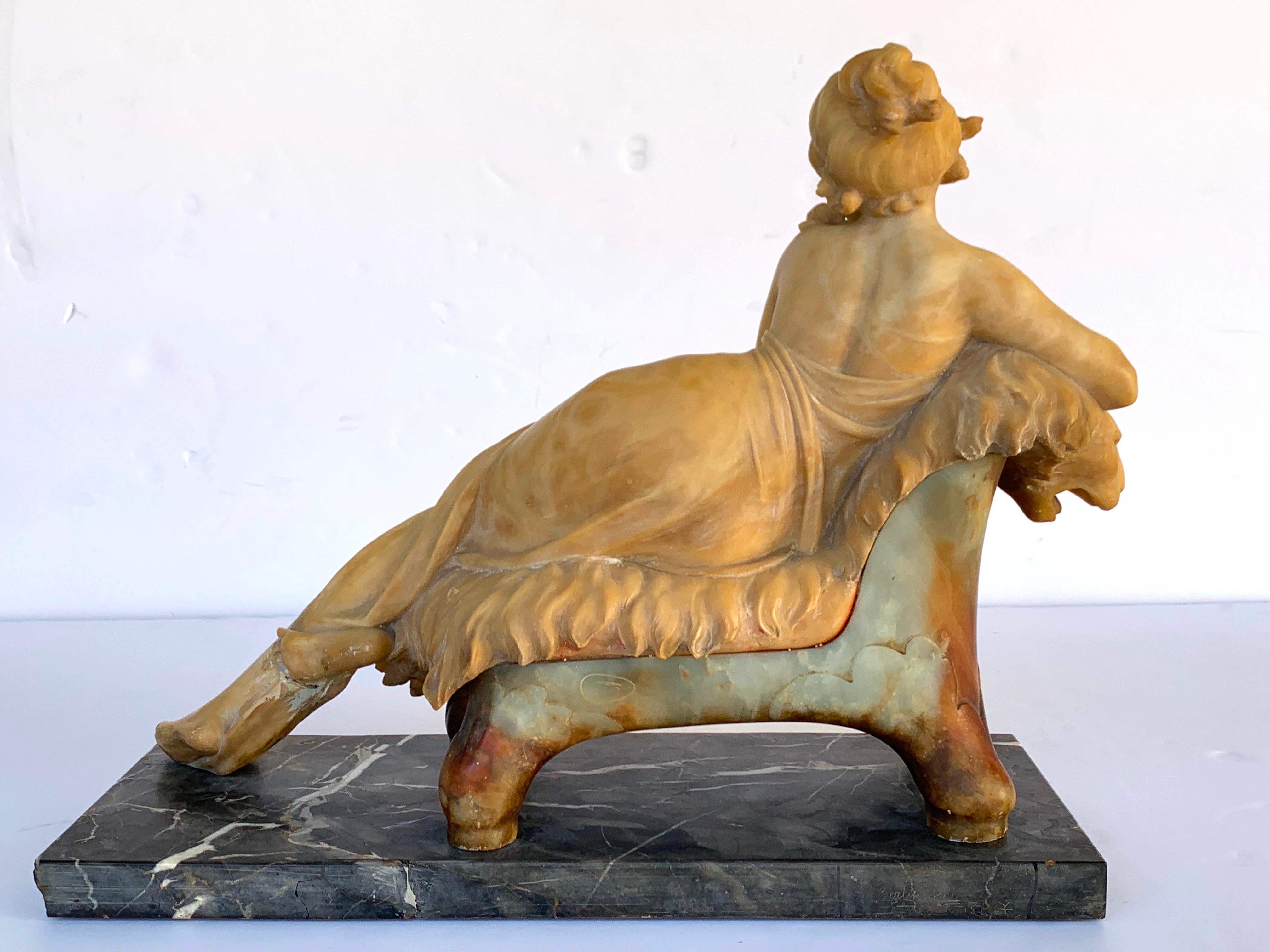 Italian Alabaster and Marble Reclining Muse on a Lion Bench Sculpture 5