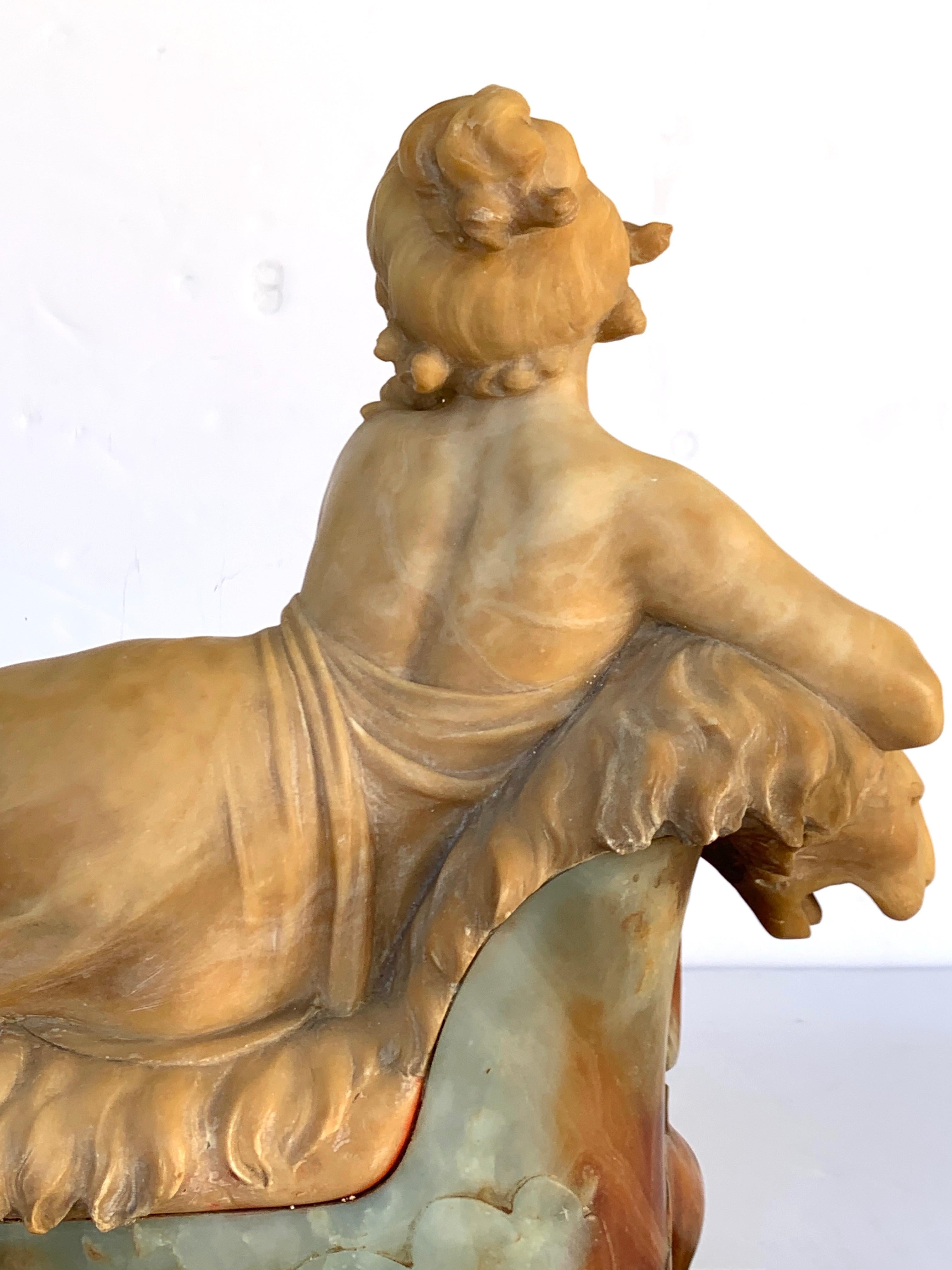 Italian Alabaster and Marble Reclining Muse on a Lion Bench Sculpture 6