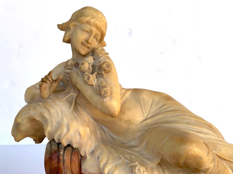 Italian Art Deco Alabaster and Marble Reclining Muse on a Lion Bench  Sculpture For Sale at 1stDibs