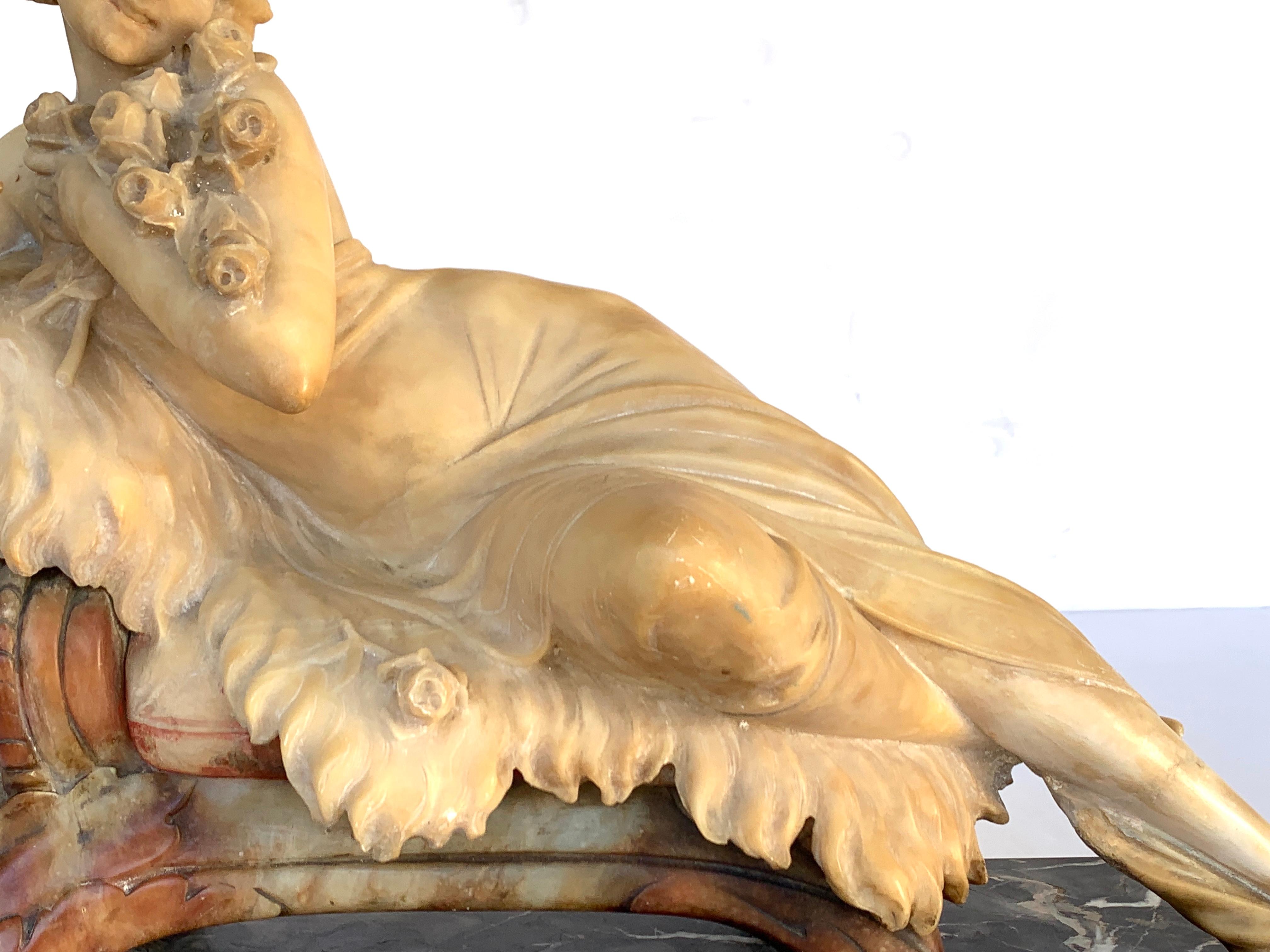 Neoclassical Italian Alabaster and Marble Reclining Muse on a Lion Bench Sculpture
