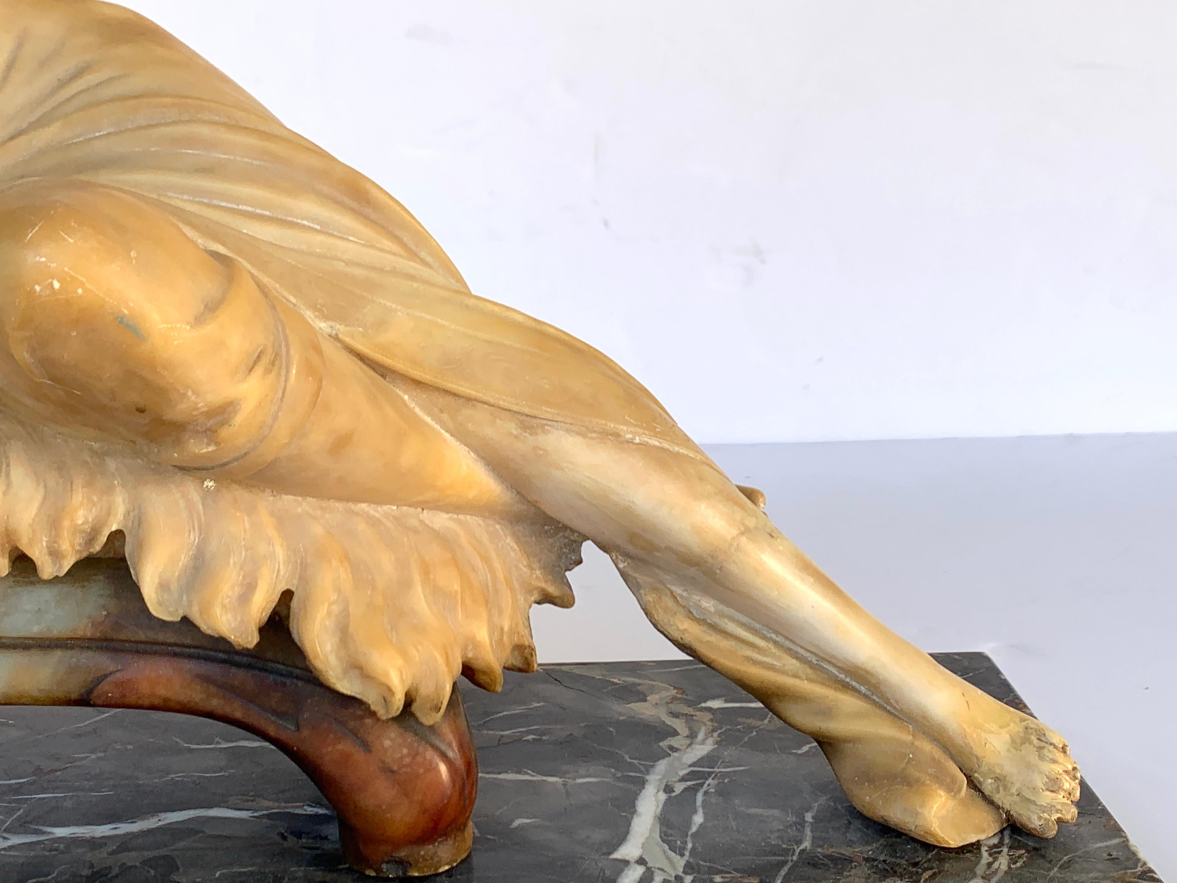 Italian Alabaster and Marble Reclining Muse on a Lion Bench Sculpture In Good Condition In Atlanta, GA