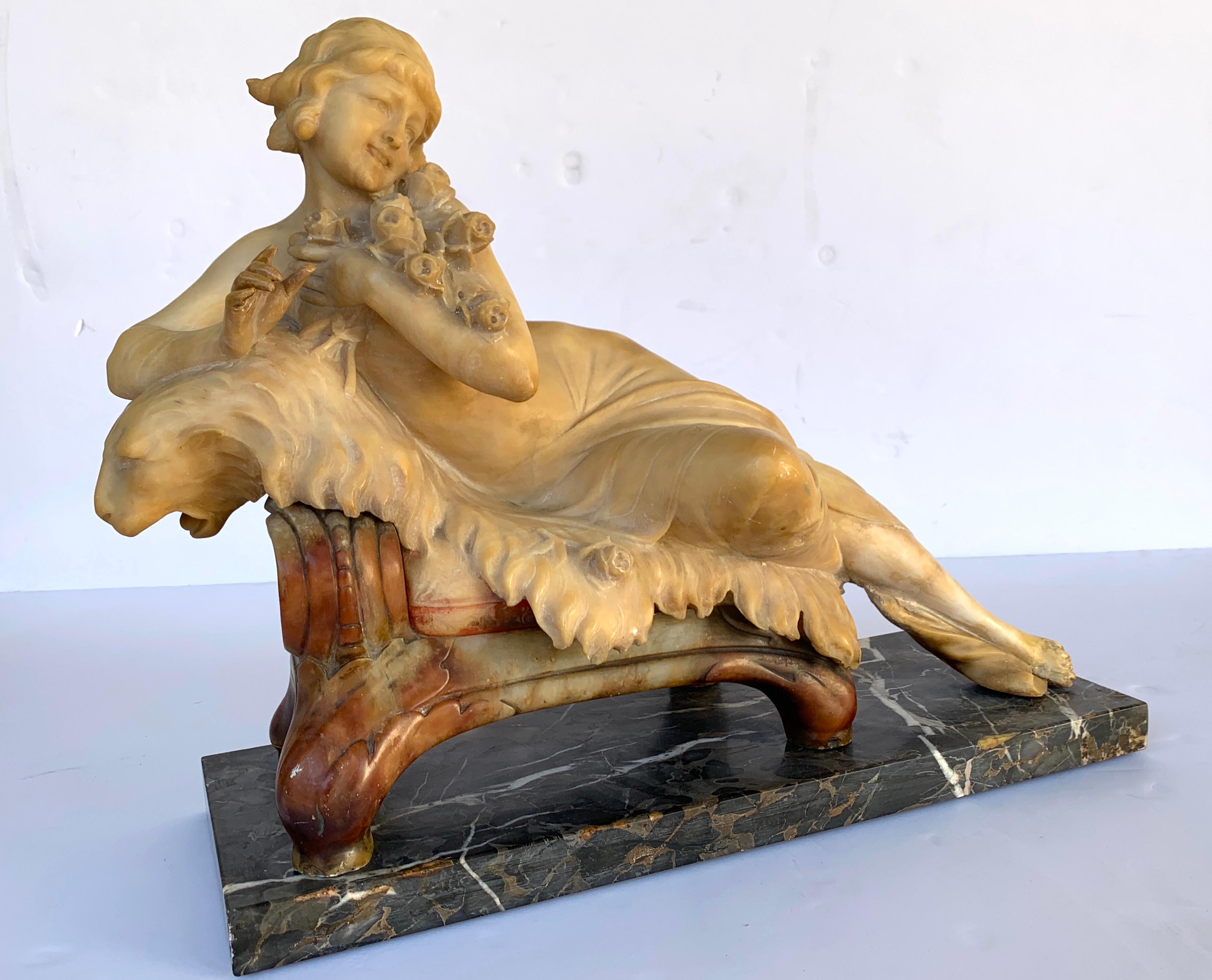 19th Century Italian Alabaster and Marble Reclining Muse on a Lion Bench Sculpture