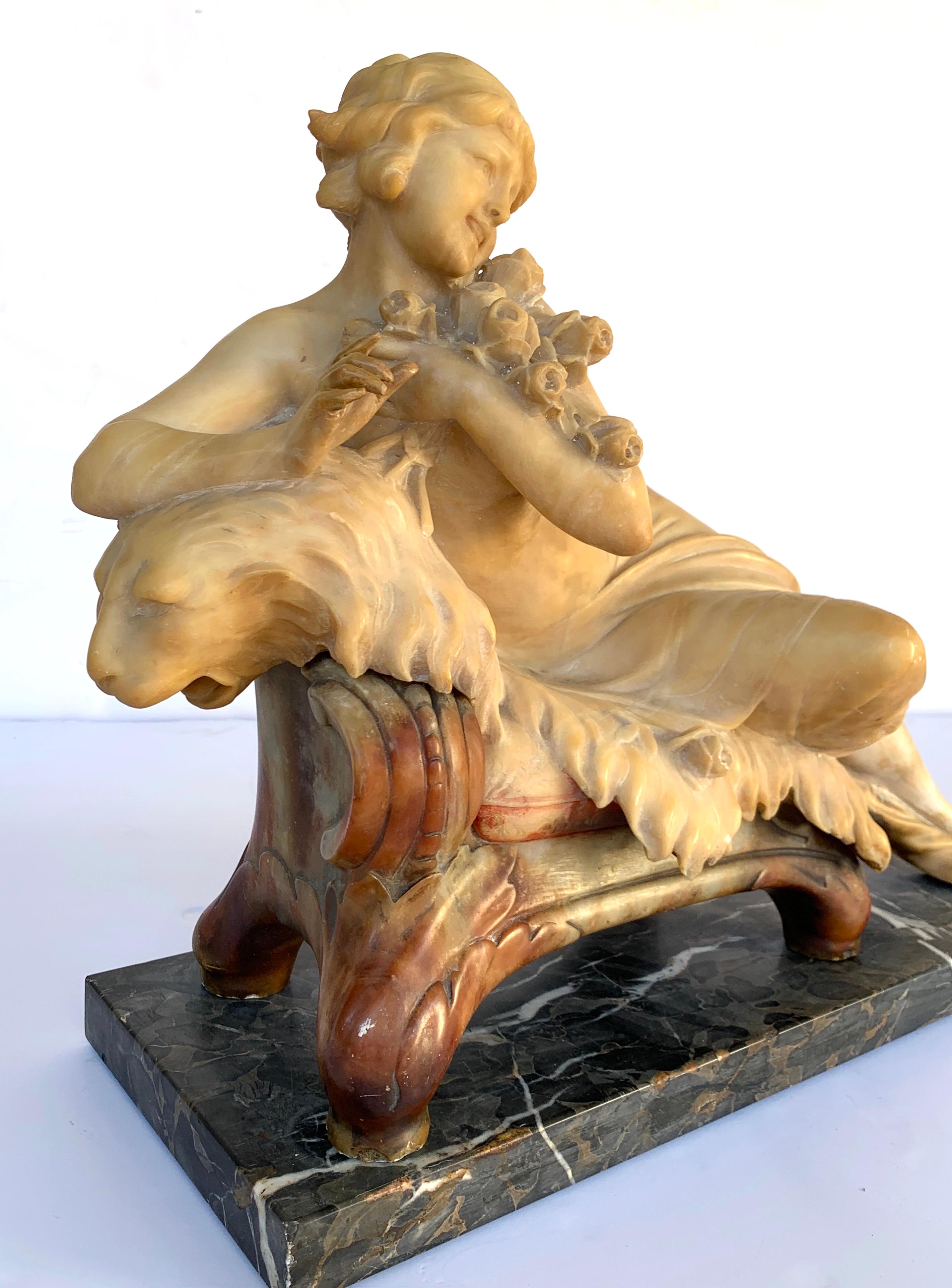 Italian Alabaster and Marble Reclining Muse on a Lion Bench Sculpture 1