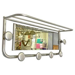 Italian Art Deco aluminum wall coat rack with mirror and upper shelf, 1940s