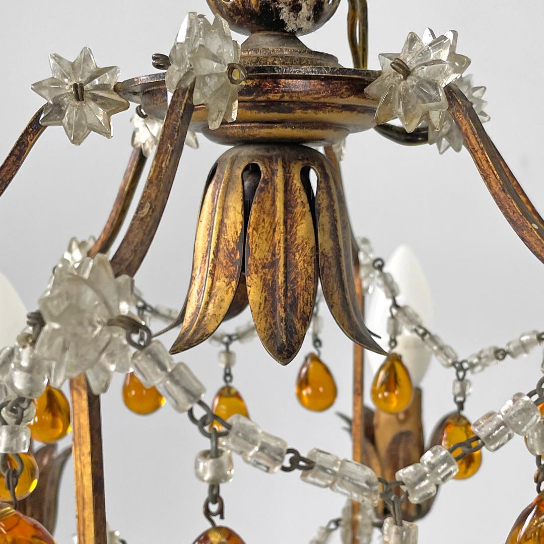 Italian Art Deco amber and clear glass drop chandelier in golden metal, 1930s For Sale 5