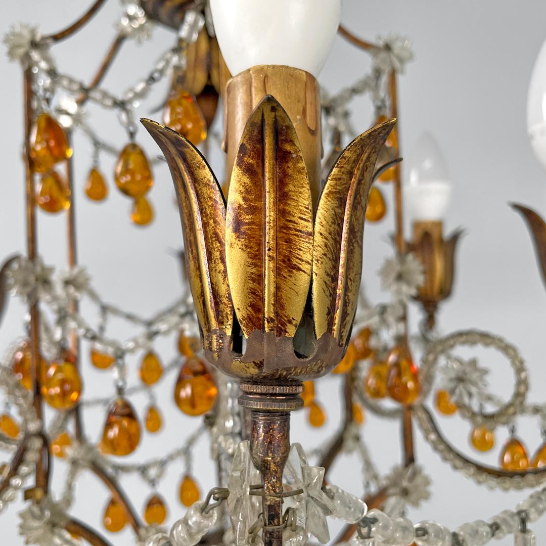 Italian Art Deco amber and clear glass drop chandelier in golden metal, 1930s For Sale 7