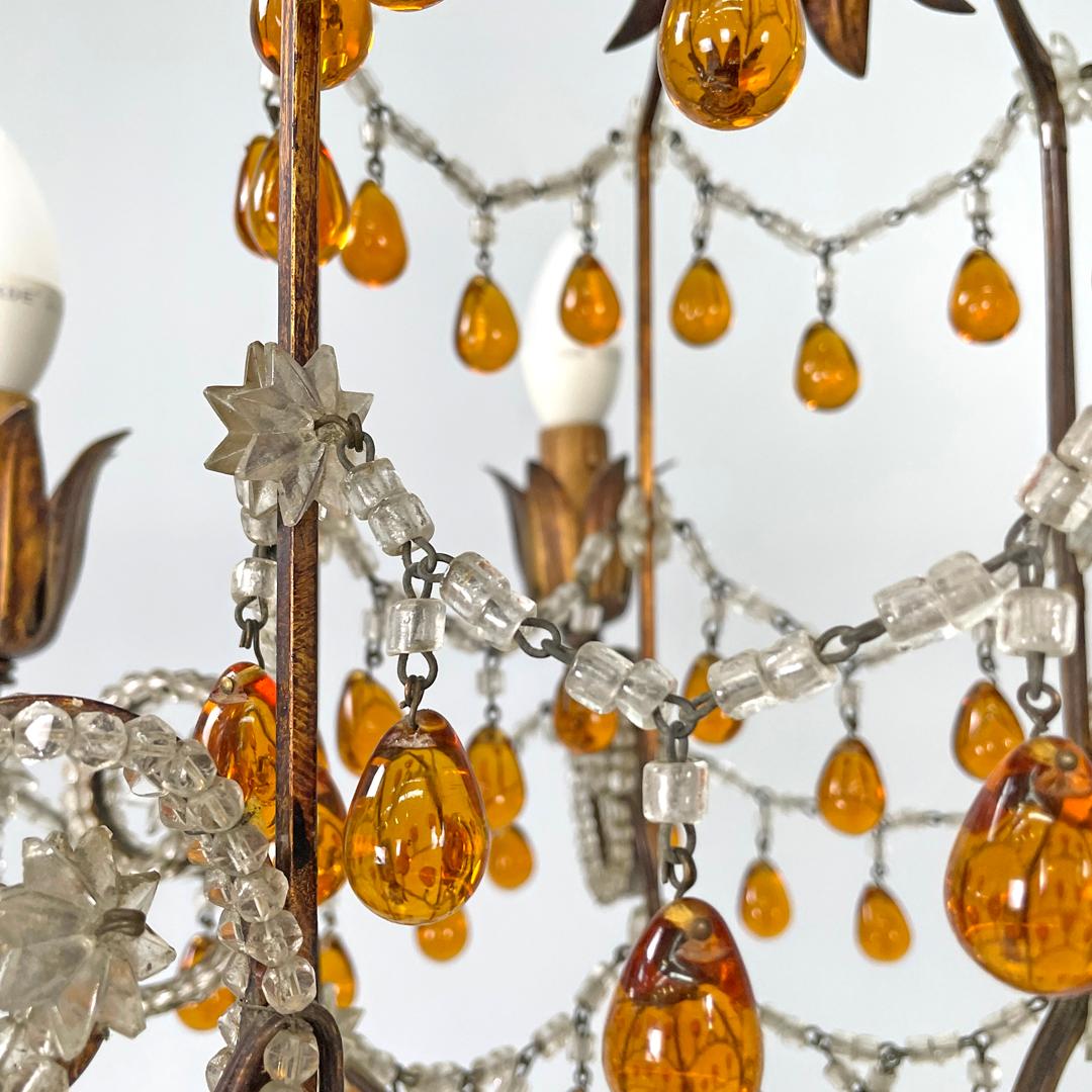 Italian Art Deco amber and clear glass drop chandelier in golden metal, 1930s For Sale 8