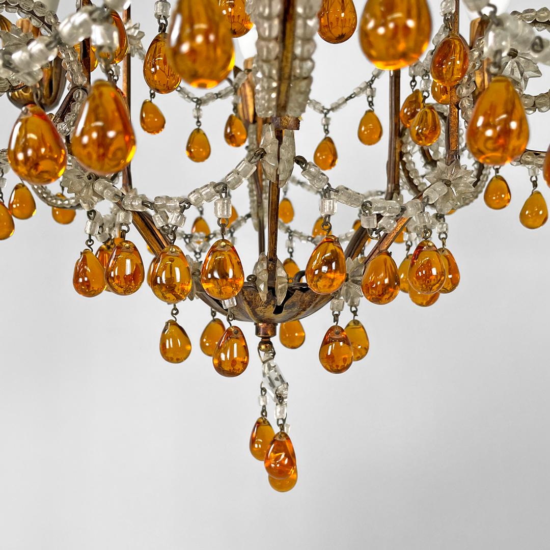 Italian Art Deco amber and clear glass drop chandelier in golden metal, 1930s For Sale 9