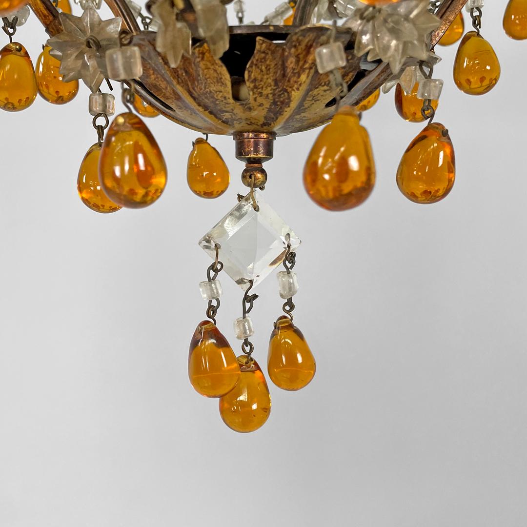 Italienischer Art-Déco-Kronleuchter aus Bernstein und klarem Glas in Goldmetall mit Tropfen, 1930er Jahre im Angebot 9