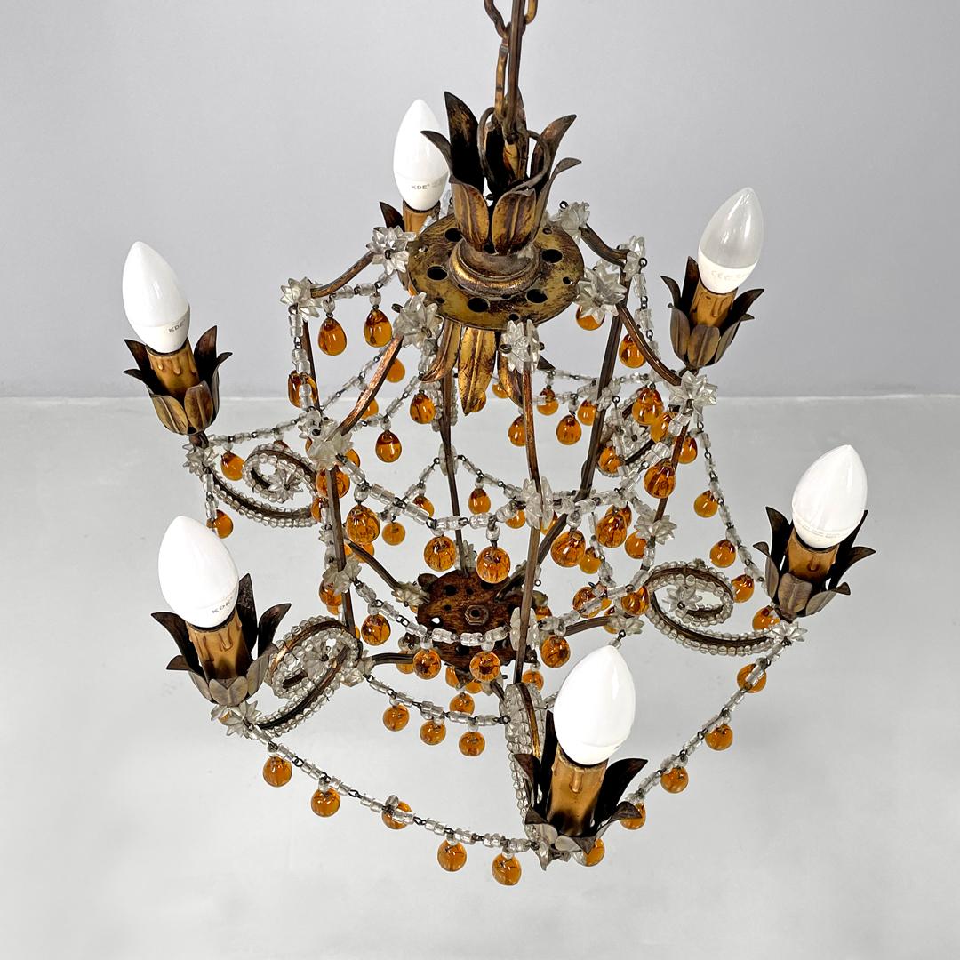Italian Art Deco amber and clear glass drop chandelier in golden metal, 1930s For Sale 2