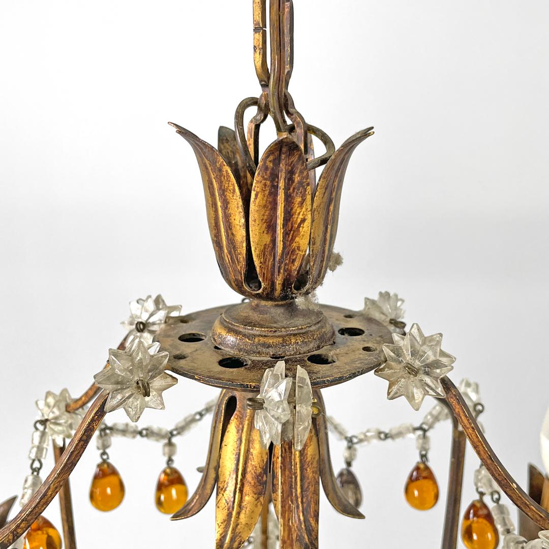 Italian Art Deco amber and clear glass drop chandelier in golden metal, 1930s For Sale 4
