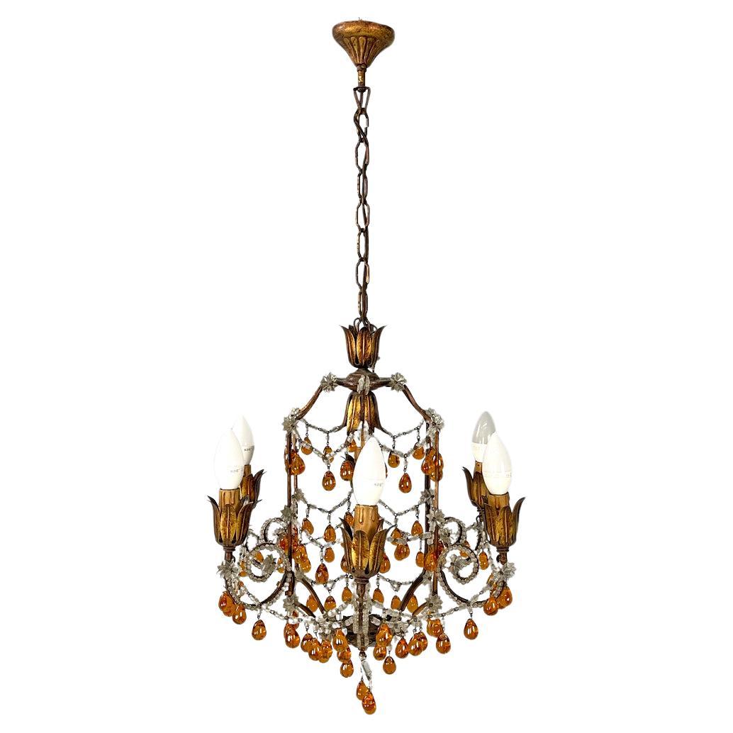 Italian Art Deco amber and clear glass drop chandelier in golden metal, 1930s For Sale