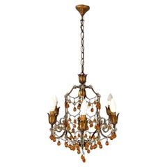 Vintage Italian Art Deco amber and clear glass drop chandelier in golden metal, 1930s