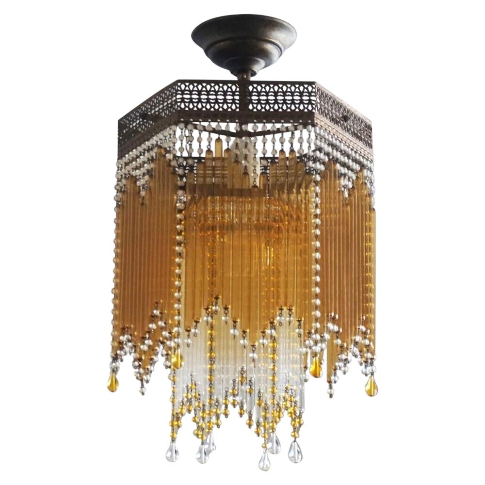Italian Art Deco Amber Clear Glass Rod Six-Sided Fluch Mount Brass Mounted