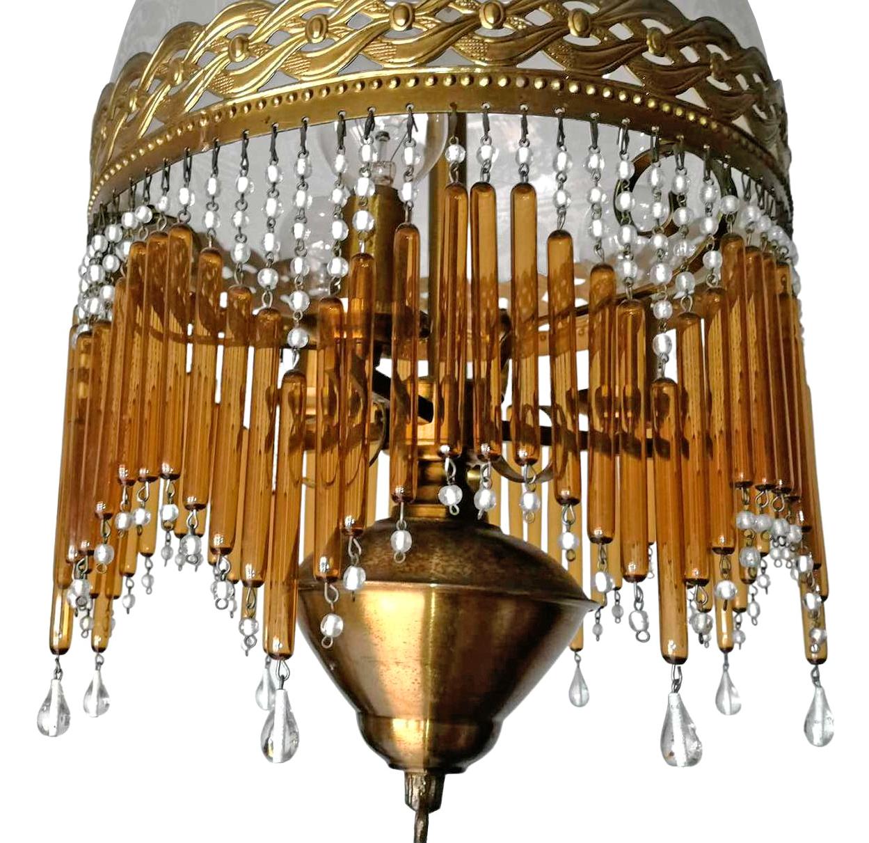 Italian Art Deco and Art Nouveau Amber Beaded Glass Fringe Murano Chandelier In Good Condition In Coimbra, PT