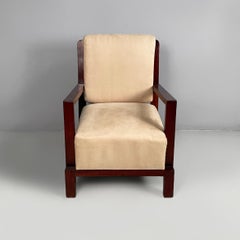 Italian Art Deco armchair in red wood and beige velvet, 1930s