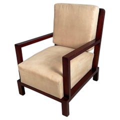 Italian Art Deco armchair in red wood and beige velvet, 1930s