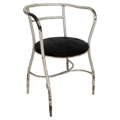 Italian Art Deco Armchair in White Lacquered Metal and with a Black Leather Seat