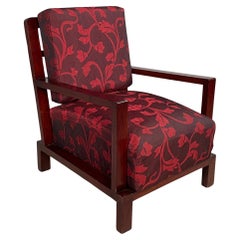 Poltrona Art Deco italiana in legno e tessuto rosso bordeaux con motivo, anni '30