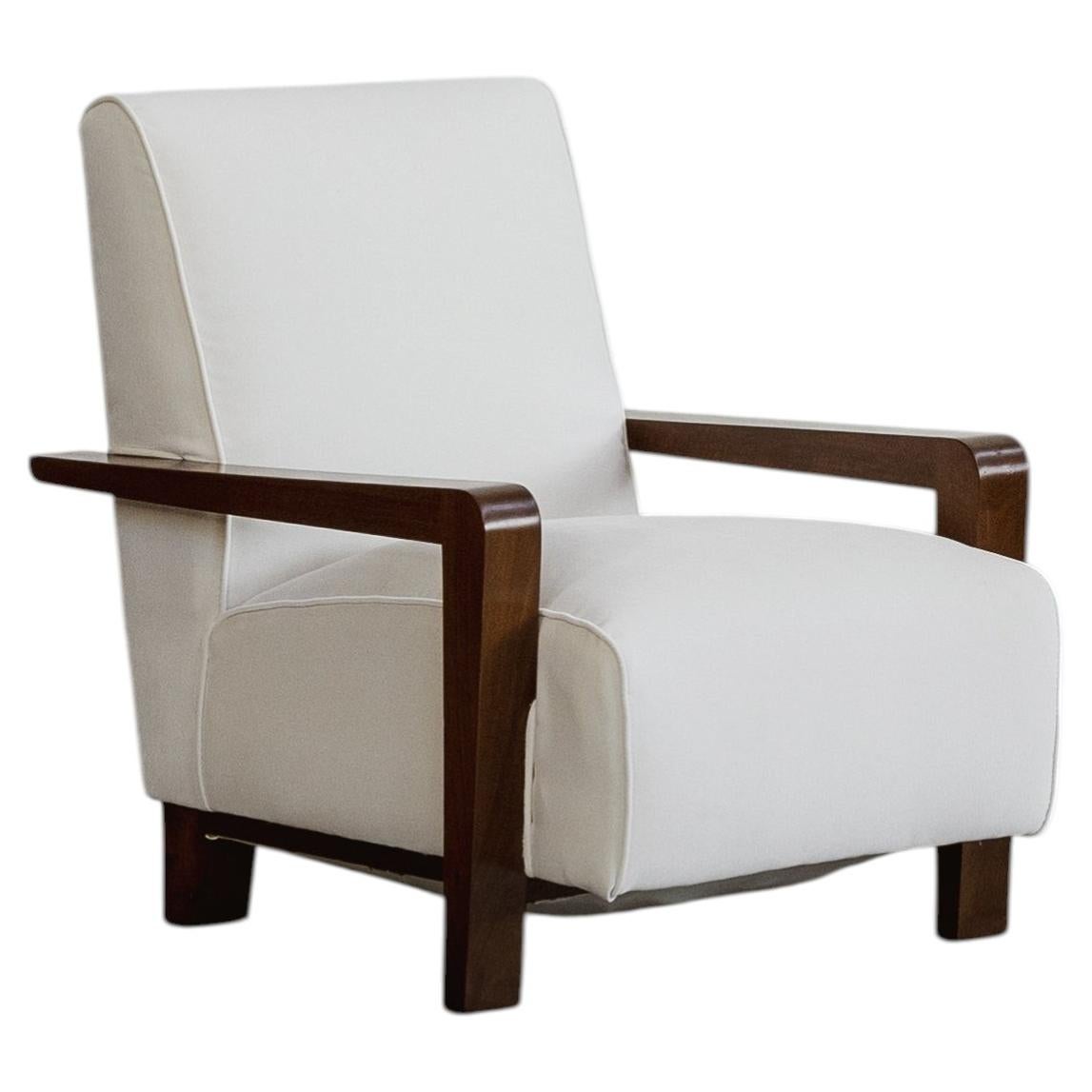 Italian Art Deco Armchair, White Velvet and Walnut, 1930s For Sale