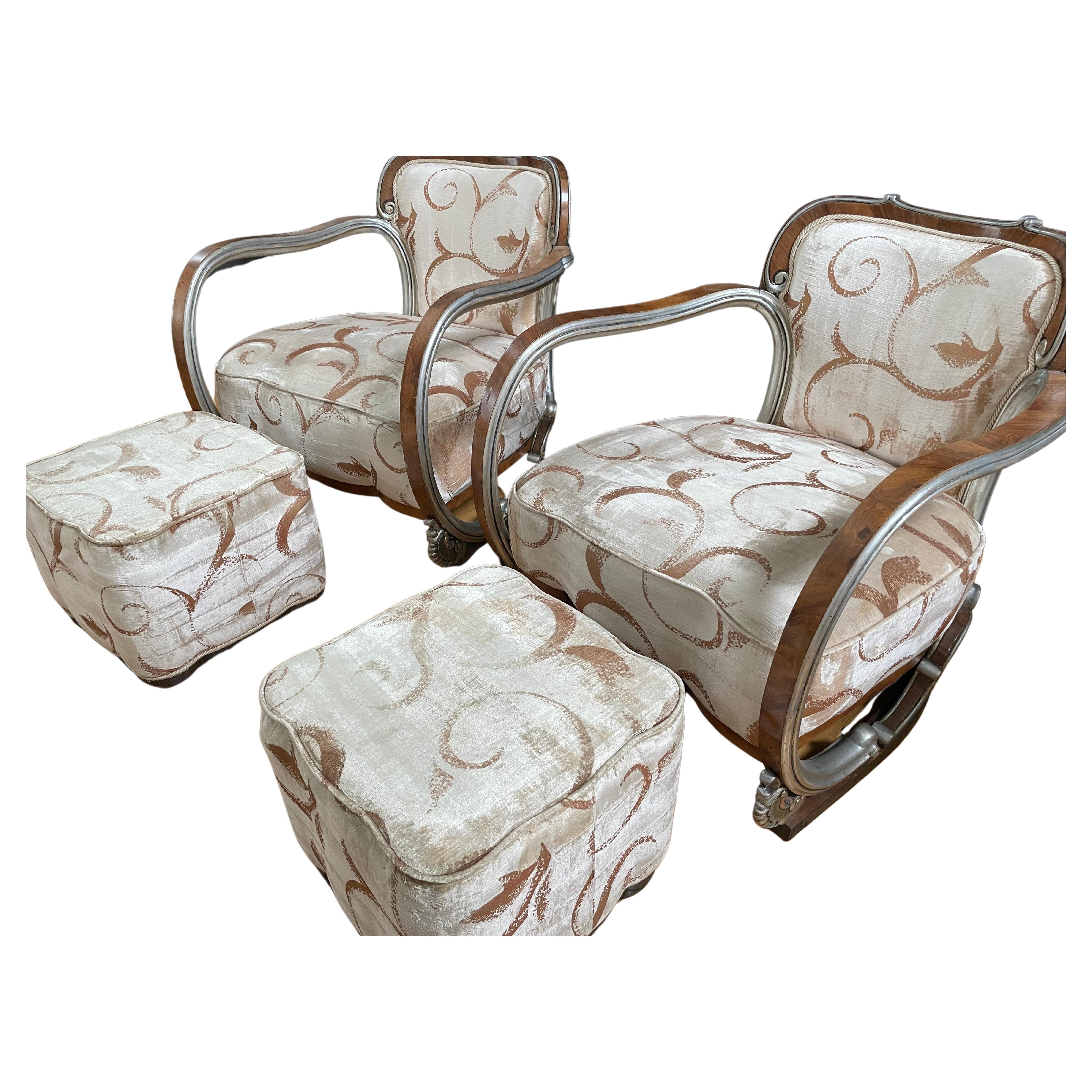 Italian Art Deco Armchairs with Ottomans in the manner of  Gaetano Borsani For Sale