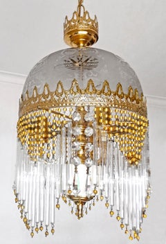 1st Italian Art Deco Art Nouveau Amber Bead Clear Glass Fringe Murano Chandelier