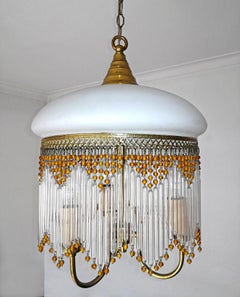 Italian Art Deco & Art Nouveau Amber Beaded Clear Glass Fringe Murano Chandelier