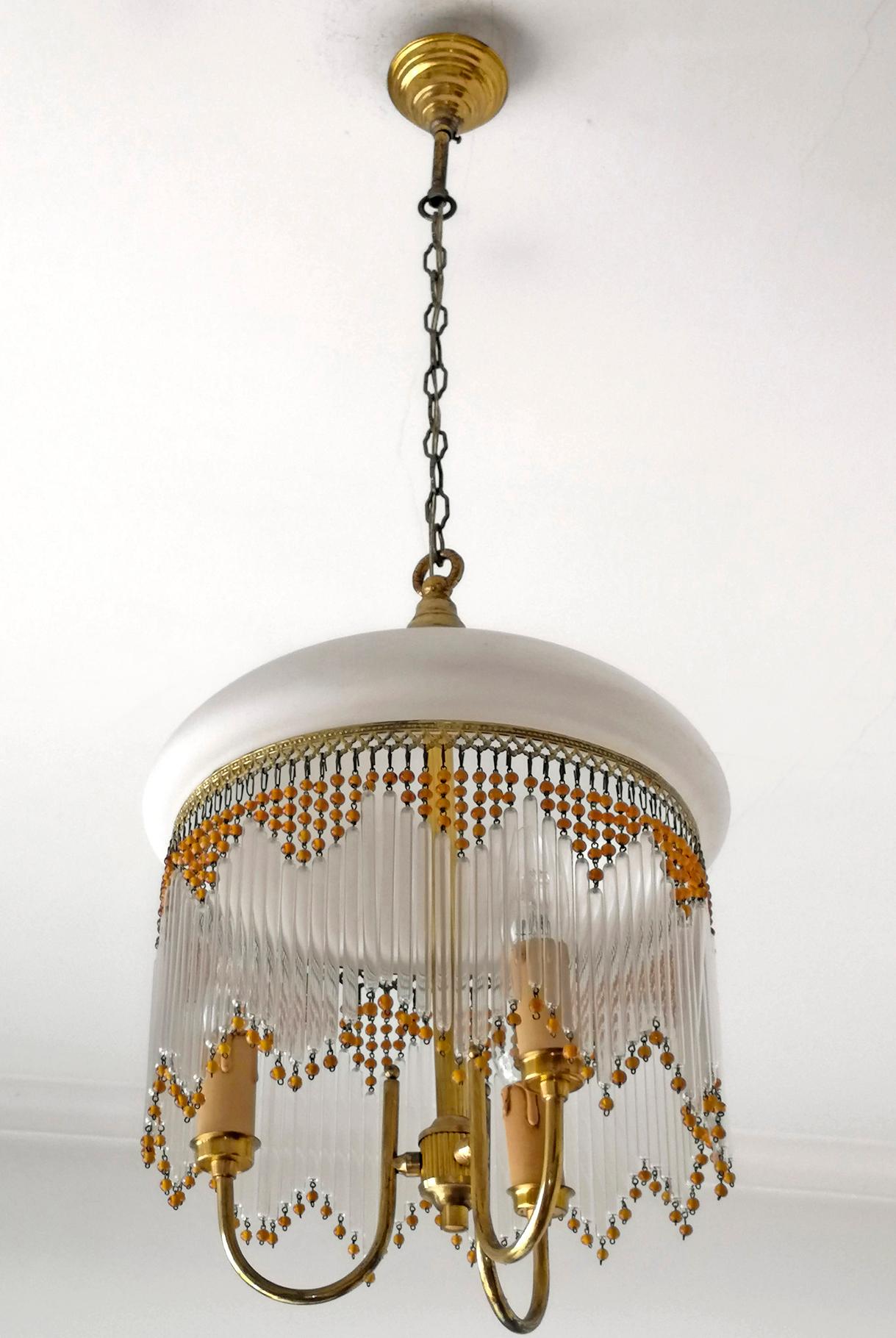 Italian Art Deco & Art Nouveau Amber Beaded Clear Glass Fringe Murano Chandelier In Good Condition For Sale In Coimbra, PT