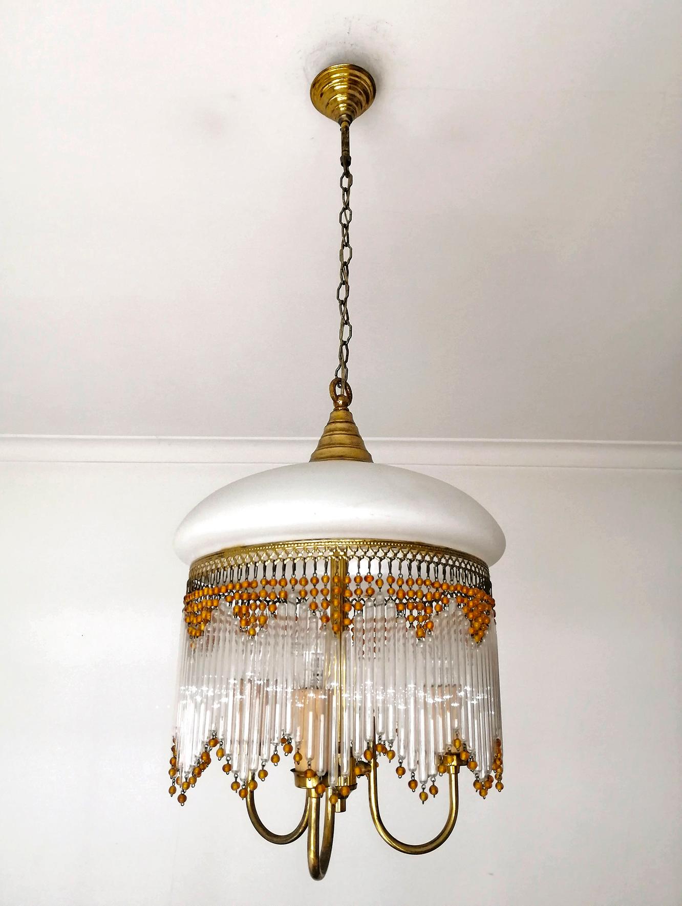 20th Century Italian Art Deco & Art Nouveau Amber Beaded Clear Glass Fringe Murano Chandelier For Sale