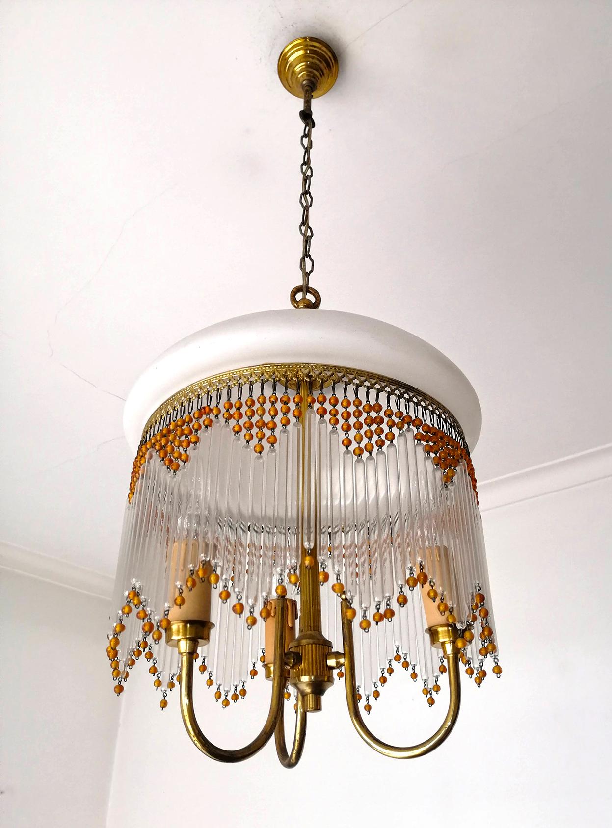 Opaline Glass Italian Art Deco & Art Nouveau Amber Beaded Clear Glass Fringe Murano Chandelier For Sale