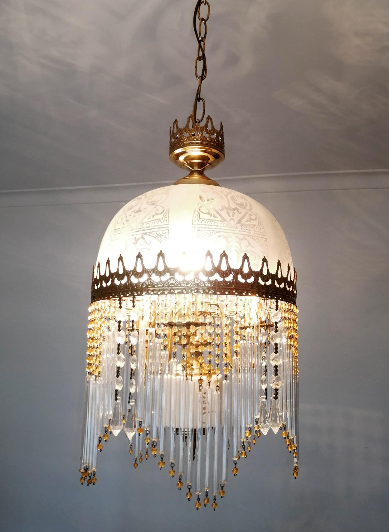 Porcelain 1st Italian Art Deco Art Nouveau Amber Bead Clear Glass Fringe Murano Chandelier For Sale