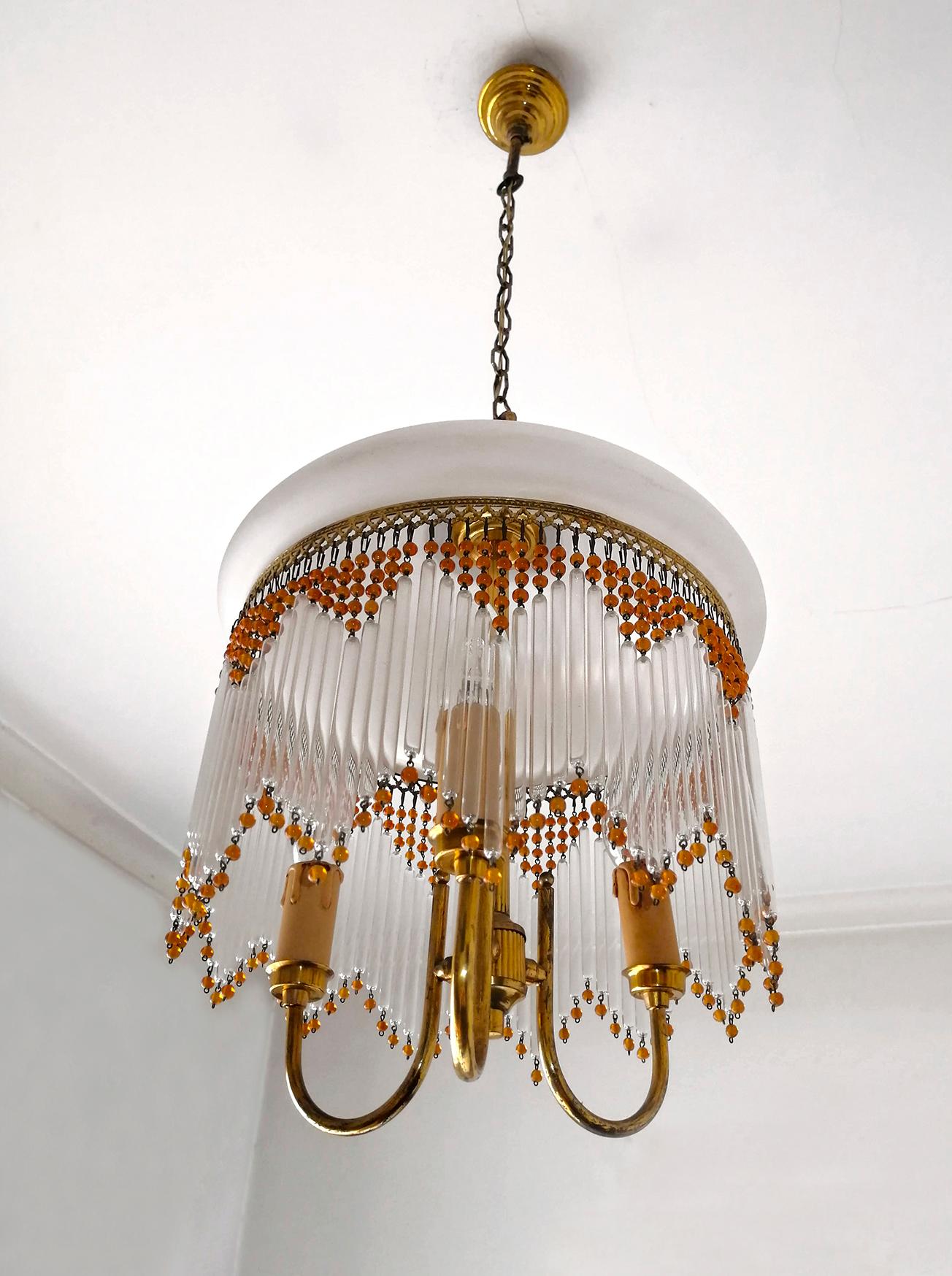 Italian Art Deco & Art Nouveau Amber Beaded Clear Glass Fringe Murano Chandelier For Sale 1