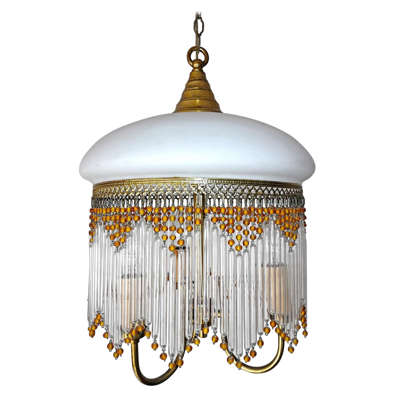 Italian Art Deco & Art Nouveau Amber Beaded Clear Glass Fringe Murano Chandelier
