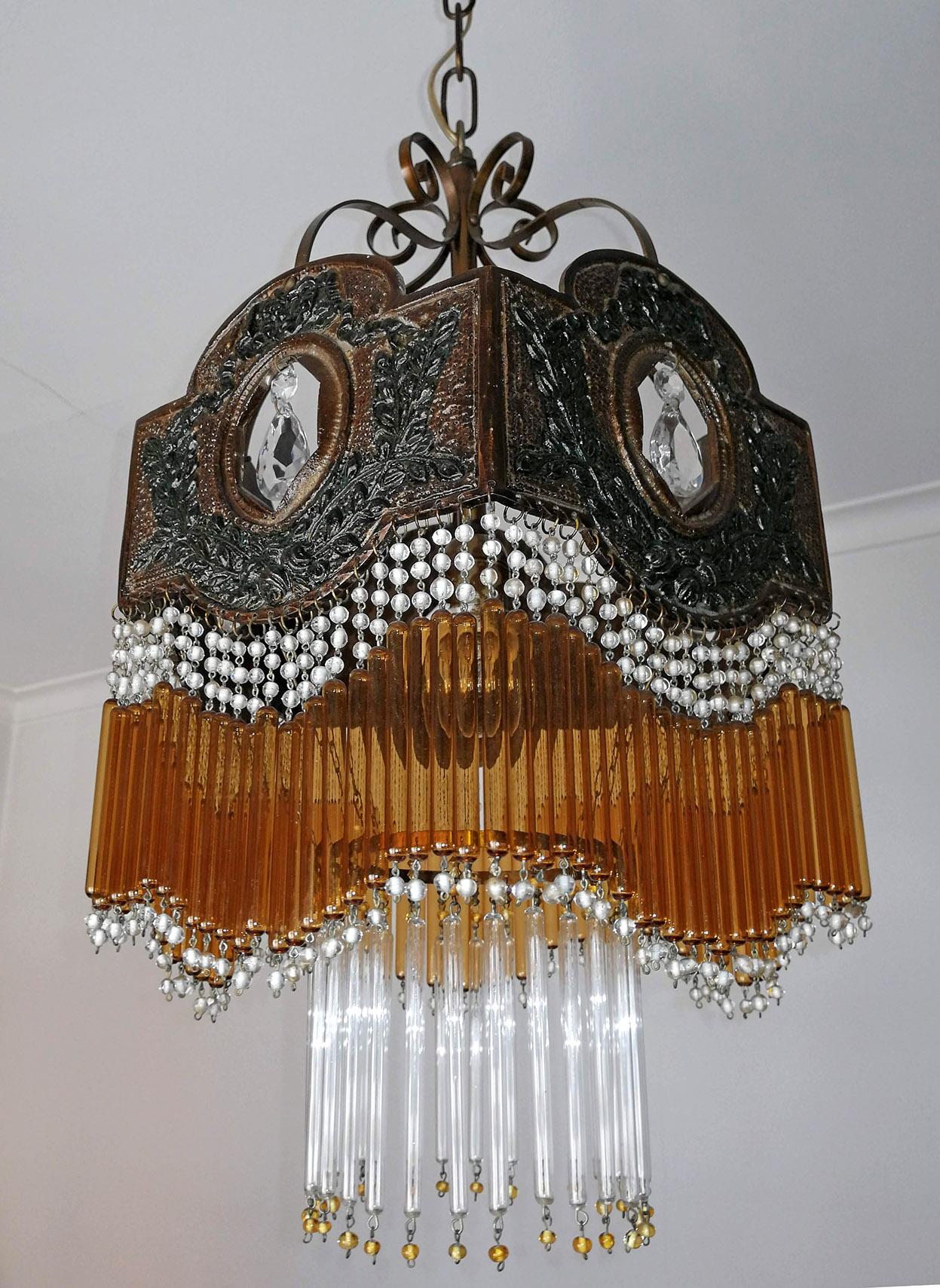 20th Century Italian Art Deco Art Nouveau Amber & Clear Beaded Glass Fringe Murano Chandelier For Sale