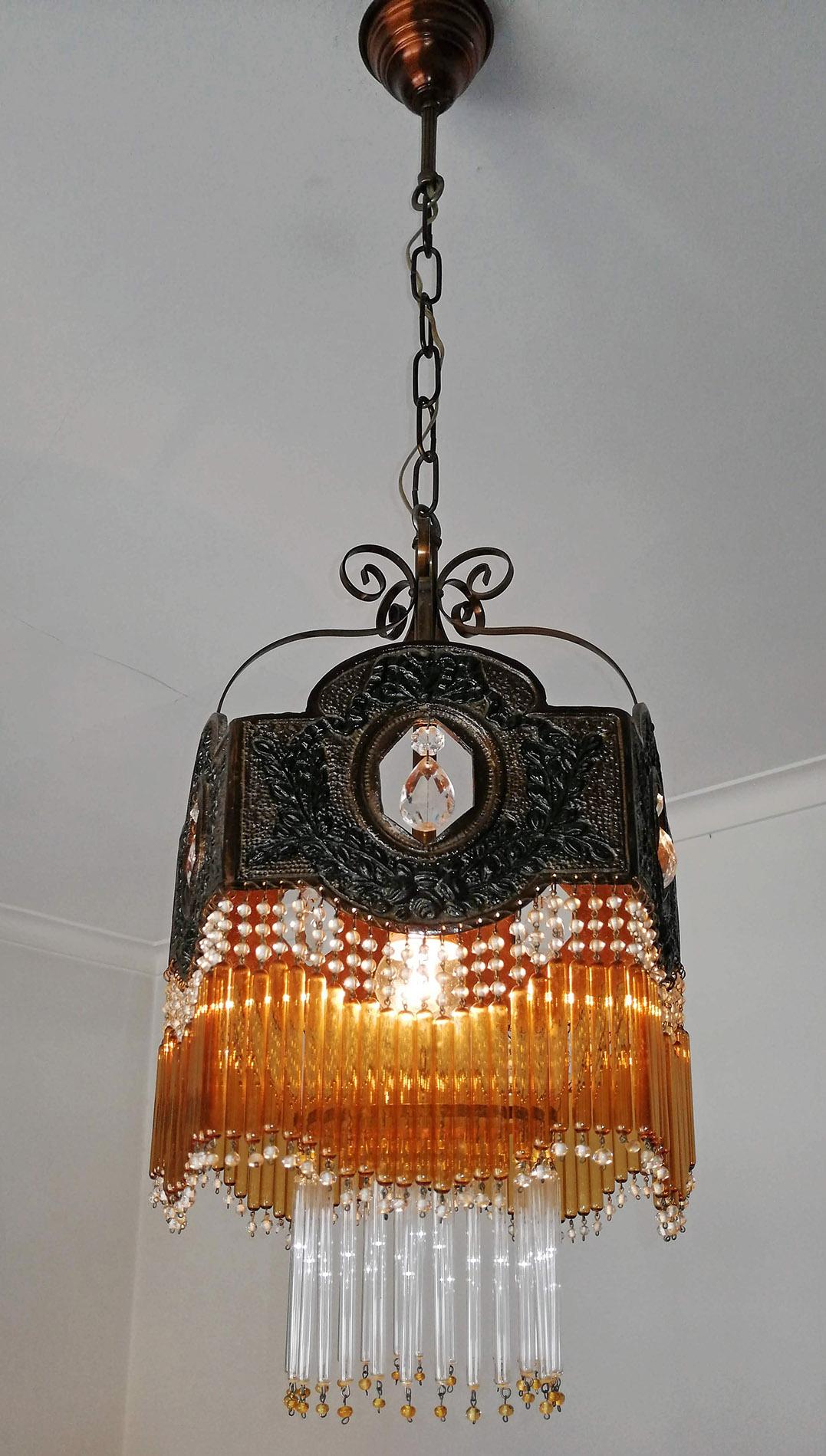 Metal Italian Art Deco Art Nouveau Amber & Clear Beaded Glass Fringe Murano Chandelier For Sale