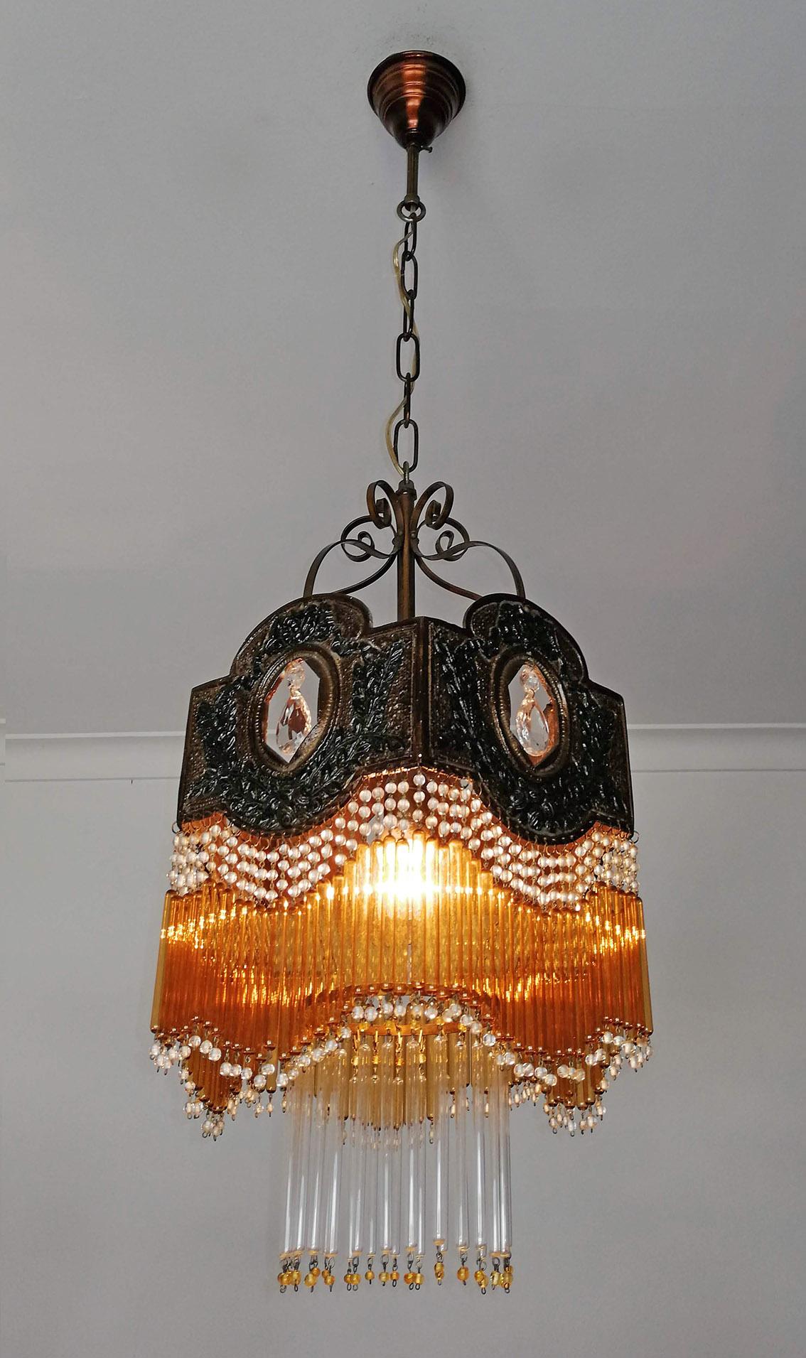 Italian Art Deco Art Nouveau Amber & Clear Beaded Glass Fringe Murano Chandelier For Sale 1
