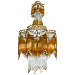 Italian Art Deco Art Nouveau Amber & Clear Beaded Glass Fringe Murano Chandelier