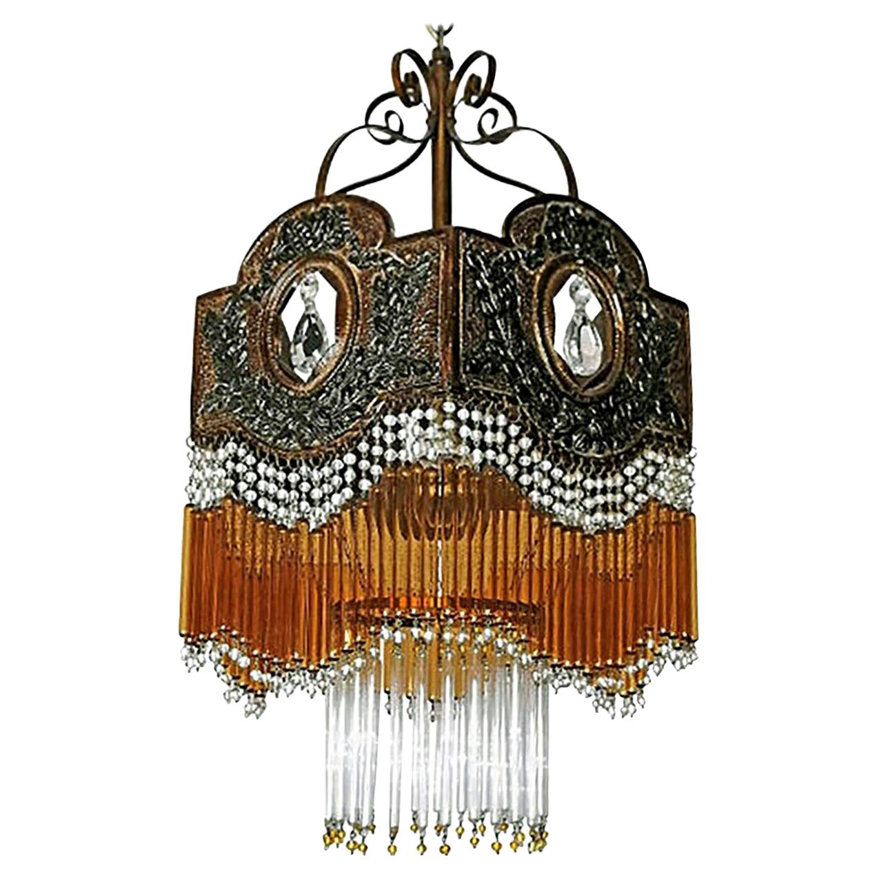 Italian Art Deco Art Nouveau Amber & Clear Beaded Glass Fringe Murano Chandelier For Sale