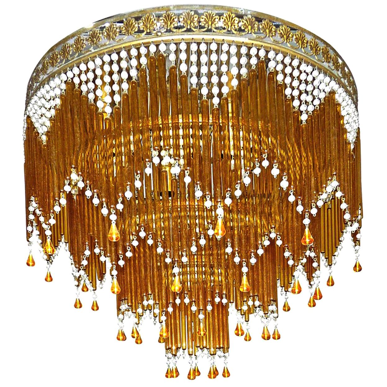 Italian Art Deco/Art Nouveau Amber 
Clear Beaded Glass Fringe Murano Flushmount