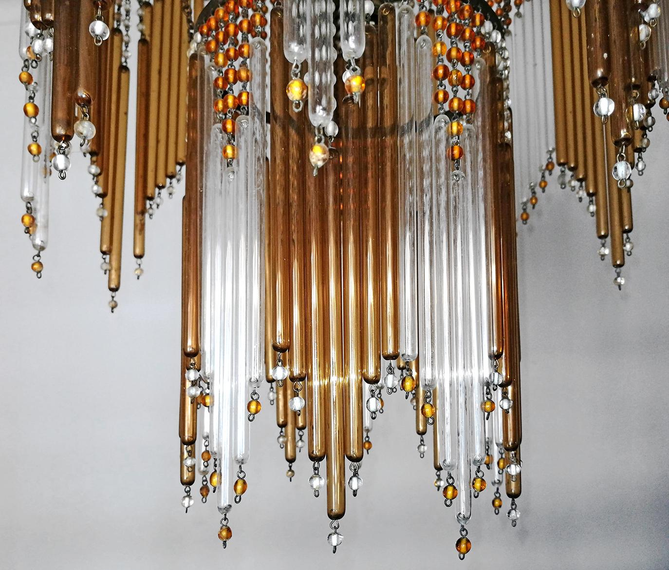 Italian Art Deco Art Nouveau Amber Straw Fringe & Beaded Murano Glass Chandelier For Sale 3